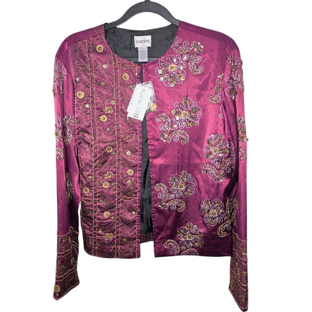 Chico's Royal Glam New! Sz S (8/10) Beaded Sequin Ratune Fuschia Blazer Jacket - Picture 2 of 13